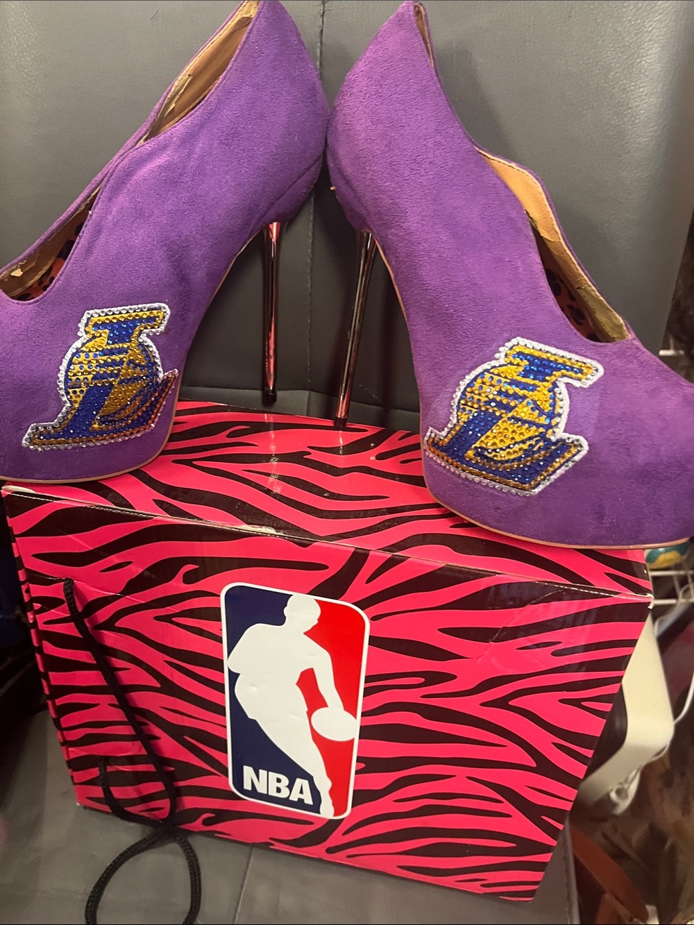 Purple Suede-Look High Heel Pumps with Beaded Lakers Emblem